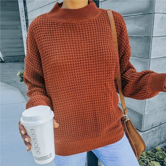 ePretty Tops - NEW Mock Neck Waffle Knit Sweater- Clay